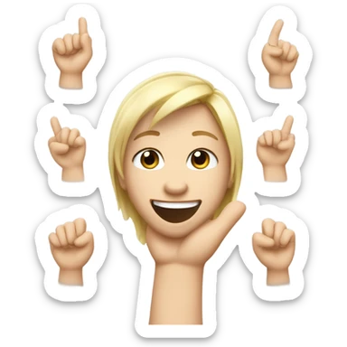 Create a cute, cartoon-style emoji with a neutral, joyful expression. should have blonde hair and light brown eyes, resembling Melina, with a hand raised making the 'rock and roll' gesture index and pinky fingers up, others folded. sticker