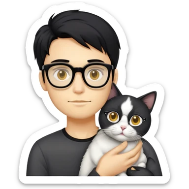 A young man with a long face and warm yellow-toned skin, black hair, wearing a pair of black glasses, cradling a grayish-white cat sticker