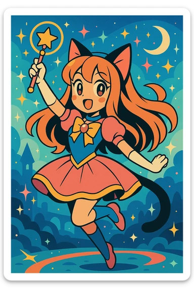 anime catgirl, magical girl theme, sparkles, cat ears, dynamic pose, flowing hair, fantasy background sticker