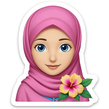 Turkish beautiful finish Konya girl blue eyes with pink yellow summer hijab islamic dress and had on her side part hijab hibiscus flower and she’s happy sticker
