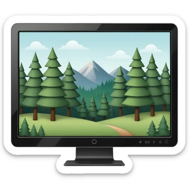 Minimalistic flat vector icon, iOS style, thin black contour on white background. Computer monitor with a simple forest scene on the screen (trees, minimal landscape). Clean, no text, no shadows sticker