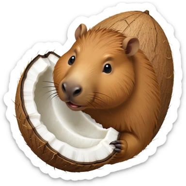 Capybara face emerging from a coconut with its shell partially open sticker