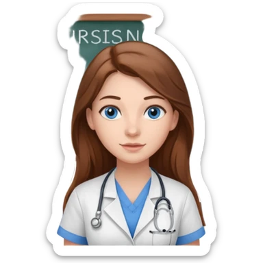inside a classroom at university that says nursing school on the board with a pretty female nursing student with long brown hair, blue eyes sticker