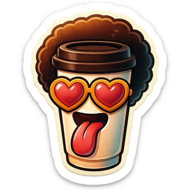 Tall coffee cupp, afro, heart glasses, big heart eyes, tounge rolled out sticker