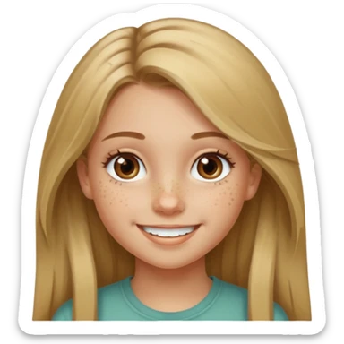 A smiling young girl with long dirty blonde hair and hazel green and brown eyes sticker