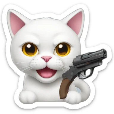 white cat with tiny mustache angry pointing realistic toy gun a sticker