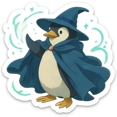 ghibli style penguin wizard with a flowing cloak and magical aura sticker
