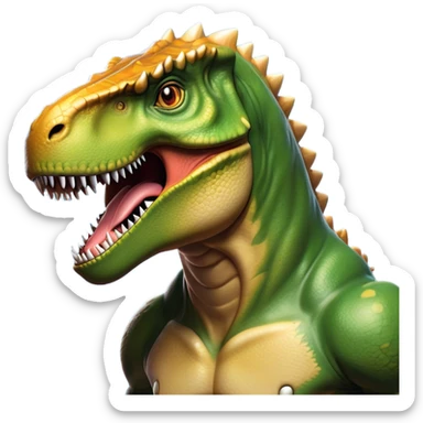 Cinematic Noble T-rex Portrait Emoji, Poised and commanding, with a massive, powerful head, a robust, muscular body, tiny, determined arms, and a fearsome yet noble gaze, Simplified yet sharply defined features, highly detailed, glowing with a cool, primal radiance, high shine, intelligent and formidable, stylized with an air of ancient predatory authority, focused and vigilant, soft glowing outline, capturing the essence of a watchful and confident T-rex that appears ready to roar out of the screen with effortless might! sticker
