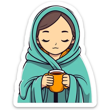 girl inside a blanket sipping coffee eyes closed sticker