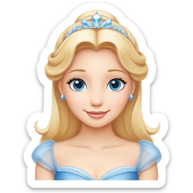 Cinematic Radiant Cinderella Portrait Emoji, rendered in a clean vector-style with bold proportions. Show Cinderella with a warm, serene smile, fair skin, and lustrous blonde hair, wearing a simple yet elegant dress that shimmers with gentle light. The image glows with an inviting, soft radiance and high shine, embodying timeless beauty. sticker