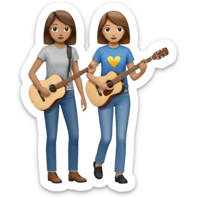 based on emoji style, like this "💁🏻‍♀️" "💁🏽‍♂️" "💁🏻", two people walking together. one is brown-haired woman, wearing business casual, holding a guitar. Another one is a non-binary person, wearing t shirt and jeans, and this person doesn't have anything on their hands. they are walking together. sticker