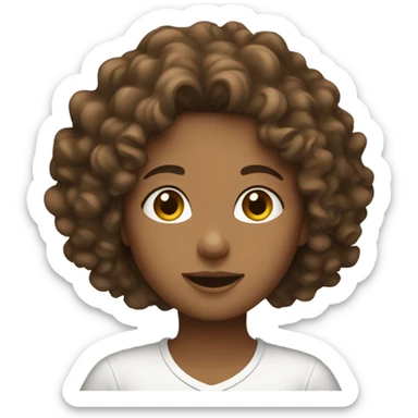 A girl with curly brown hair using her laptop sticker