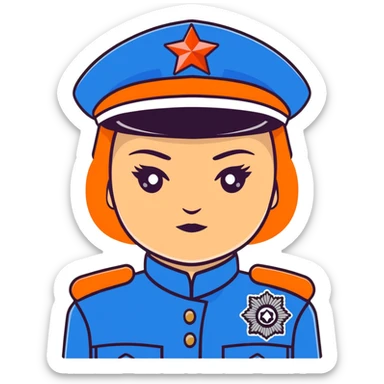 Female Russian police officer with traditional Russian police fur hat and blue uniform sticker