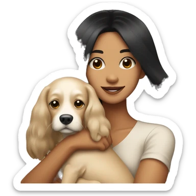 pretty woman with very long black hair and caramel skin hugging a beige dog sticker