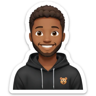 African yound man in his late 20s with a  bright smile with a short boxed beard, black hoody in Pixar cartoon style sticker