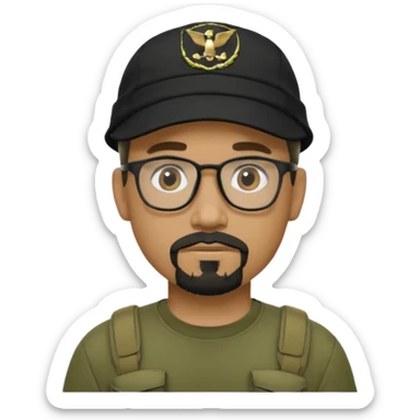 hombre trigueño , barba candado negra y blanca, anteojos, gorra negra , remera tactica verde oliva sticker