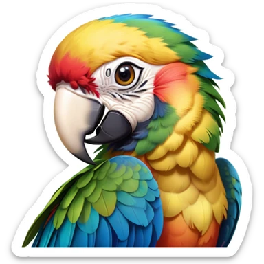 Cinematic Cute Macaw Portrait Emoji, Head tilted playfully and inquisitively, with a dazzling array of colorful plumage and round, sparkling eyes filled with charm, Simplified yet irresistibly adorable features, highly detailed, glowing with a warm, friendly tropical glow, high shine, affectionate and lively, stylized with a touch of whimsical vibrancy, bright and endearing, soft glowing outline, capturing the essence of a mischievous yet loving parrot that seems as if it could flutter out of the screen into your arms! sticker