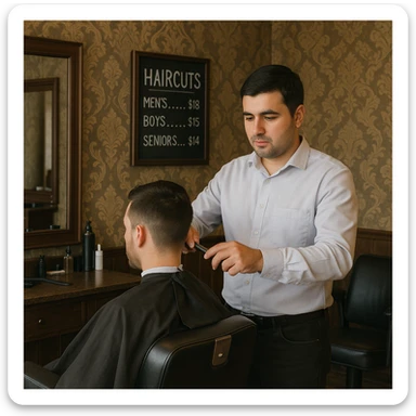 Draw me a picture of a barbershop that looks like this guy working in a barbershop. The barbershop doesn't have to be very modern. It should be on a medium floor. Also draw a blackboard on the wall. It should have the prices for haircuts there. sticker