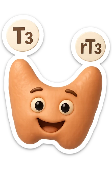 EMOJI STILE IPHONE 3D DI ormoni tiroidei (T3 ed rT3) che fluttuano in aria intorno ad una tiroide felice, iperrealistico 4k sticker