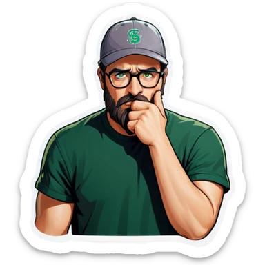 A man with a grey baseball cap, green eyes, big dark brown beard and glasses, facepalm sticker