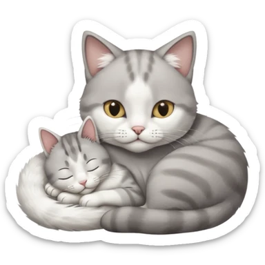 1 grey and white small cat with his eyes closed lying down leaning on his elbow with his paw curled under his head holding it up sticker