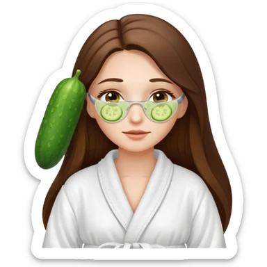 white long brunette hair girl with hazel eyes in a bathrobe with cucumbers on her eyes sticker