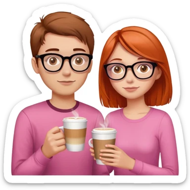 girl with brown hair and hazel eyes drinking latte, hair just below shoulder length and wearing a pink shirt. She is with her with her boyfriend who has orange/red hair, black glasses, and is taller than her. He needs a book in his hand  sticker