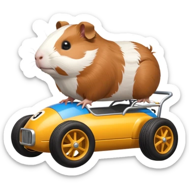 Special air-cooled three-cylinder race car whose frame and suspension is made of shopping cart material with a large rear-mounted gas tank, and rear spoiler, is being tested by a small Guinea pig sticker