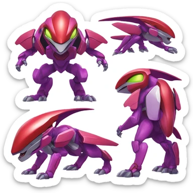 a shiny purple-red Genesect-Raptor-Fakémon—hybrid with a futuristic visor-helmet full body sticker