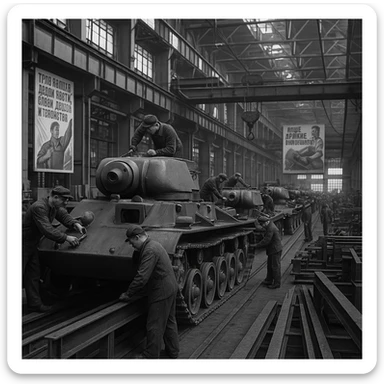 Soviet heavy equipment plant, assembly line, workers, steel beams, propaganda posters, industrial interior sticker