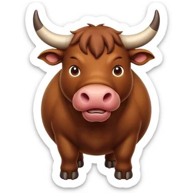An adorable full-body 3d brown bull with large and exaggerated features in the shape of a ball. Make the background white sticker