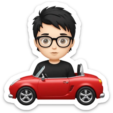 generate a pretty bratz fair skinned boy with black messy hair wearing a black tshirt driving a red car. Glasses on.  sticker