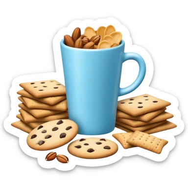 3D minimal icon with a variety of snacks (chips, cookies, crackers, nuts) arranged abundantly, plus a small neutral cup (not a soda cup). Include a subtle accent in #FF3D00. Clean and modern style. sticker