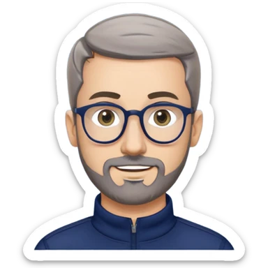 Caucasian man with oval face, hair cut extremely short and tight to head (military style), short beard with gray streaks, large black eyeglasses, cheerful expression, wide body type, navy blue long sleeve sweatshirt with quarter zip sticker