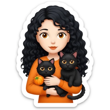 A girl with long black hair is holding a black cat, an orange cat and a curly-haired dog sticker