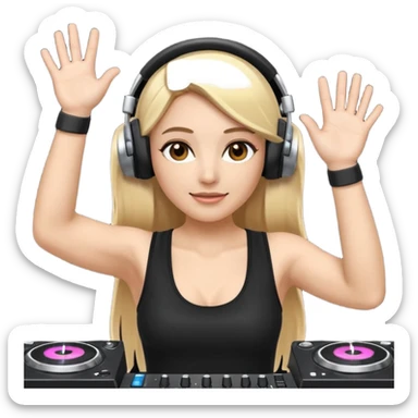I want a white female dj animated gif emoji with long straight centre parting blonde hair, brown eye brows and putting hands up in the air. Wearing a black tight top with no sleeve. Also wearing DJ headphones  sticker