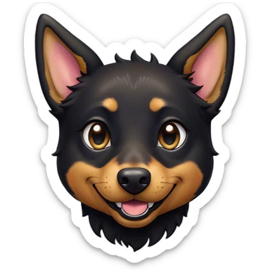 Cinematic Comical Black and Tan Kelpie Portrait Emoji, Head tilted dramatically with an exaggeratedly amused expression, featuring a striking black Fur with bold tan patches, wide, expressive dark eyes filled with playful disbelief, Simplified yet hilariously expressive features, highly detailed, glowing with a slightly sassy glow, high shine, dramatic yet playful, stylized with an air of cheeky mischief, bright and endearing, soft glowing outline, capturing the essence of a spirited and over-the-top herder, so meme-worthy it feels like it could side-eye its way into internet fame instantly! sticker