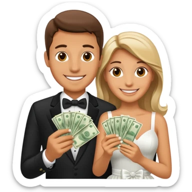 a newlywed couple holding money sticker