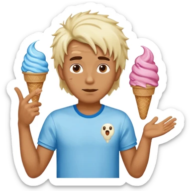 A guy with ice cream as hair shrugging his shoulders saying 6 on the left hand and 7 on the right hand sticker
