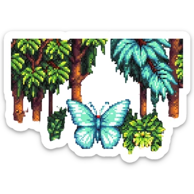 pixel art butterfly among trees and plants, forest background sticker