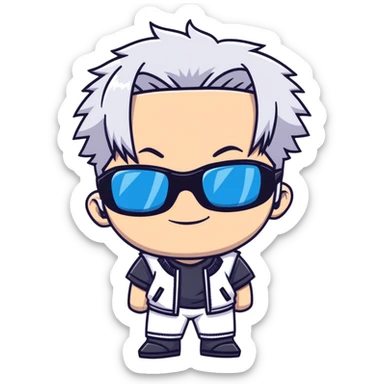 Satoru Gojo from Jujutsu Kaisen, white hair, dark sunglasses, confident smirk, blue eyes, chibi face proportions, energetic expression sticker