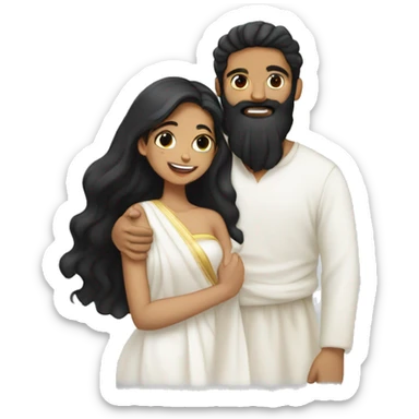 Light skin;Black long hair girl  in a white saree hugging with a man with black beard and hair on top sticker