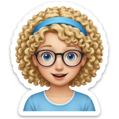blond kid with unique face features and very curly hair kid girl happy and big glasess and big nose and very blue eyes and headband with freckles sticker
