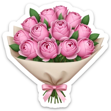 Bouquet of pink flower like rose and peony wrapped in white paper sticker