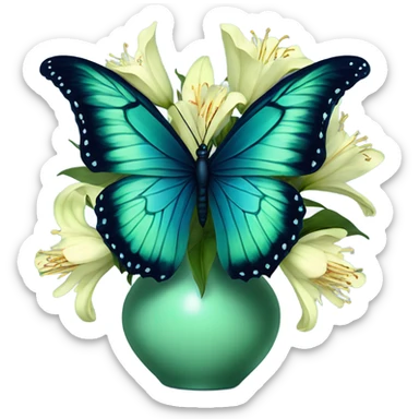 Aesthetic butterfly with blue and green  wings sitting on a dark blue bouquet of Lilies in a pastel green vase sticker