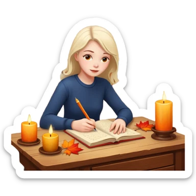 Girl writing in a journal on a desk with a candle on it by a window with fall scenery outside  sticker