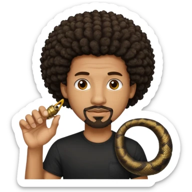 Homme noir, yeux marron avec un bouc sans la moustache, cheveux court et bouclé crépus avec un dégradé sur le côté, avec un cobra à côté , t-shirt noir  sticker