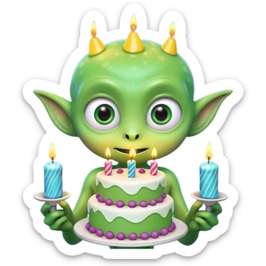 A cute friendly alien holding a birthday cake with candles, big expressive eyes, bright colors, cartoon style, playful atmosphere, 3D animated look, Pixar-inspired, highly detailed
 sticker
