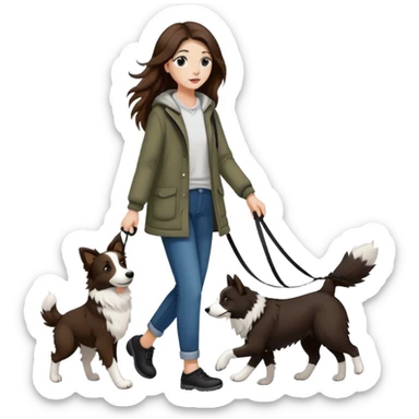 A beautiful girl with long brown hair walks a black and white Border Collie sticker