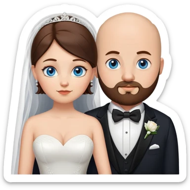 blue-eyed overweight bald man with a beard in a tux and brunette brown-eyed bride sticker